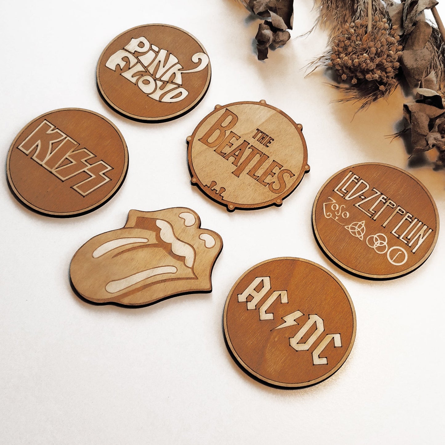 Set of 6 Rock Bands Wooden Coasters - Handmade Gift - Housewarming - Wood Kitchenware - Rock Band